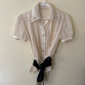 Vintage Valentino Spa Silk Bow Tie Waist Button Down Top
